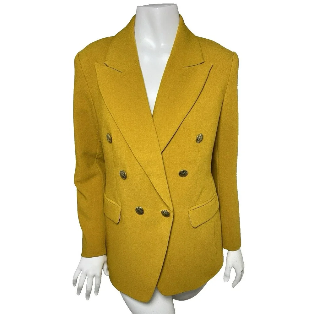 Banana Republic Double Breasted Blazer Gold Button Mustard 10‎ Petite Preppy